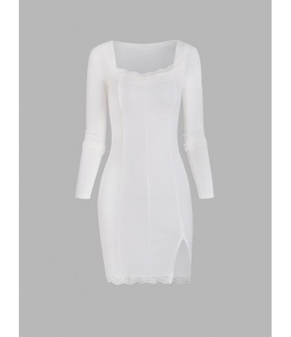 Scalloped Lace Trim Front Slit Mini Dres...