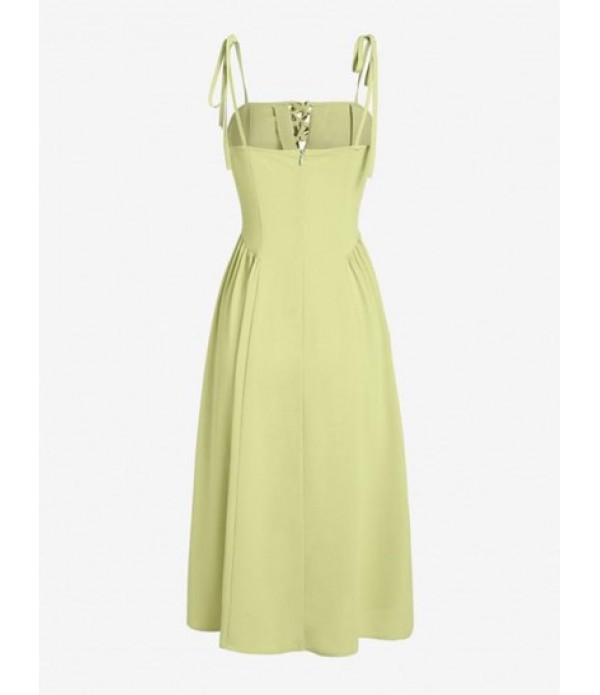 Tie Shoulder Pleated Lace Up Midi Dress Tie Shoulder Pleated Lace Up Midi Dress