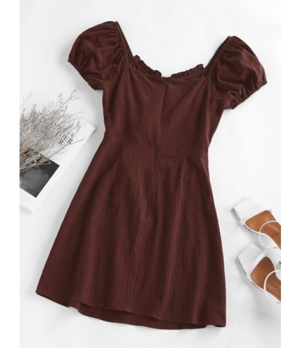 Ruffle Puff Sleeve Cutout Mock Button Dress Ruffle Puff Sleeve Cutout Mock Button Dress