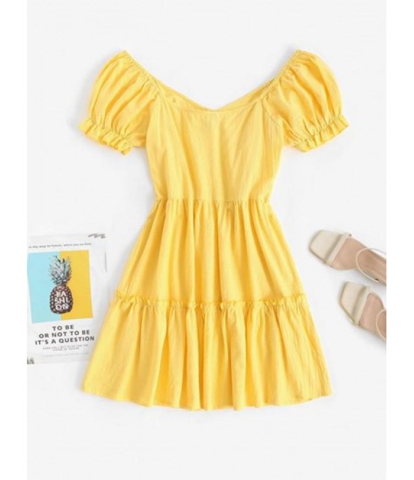 Puff Sleeve Button Up Tiered Mini Smock Dress Puff Sleeve Button Up Tiered Mini Smock Dress