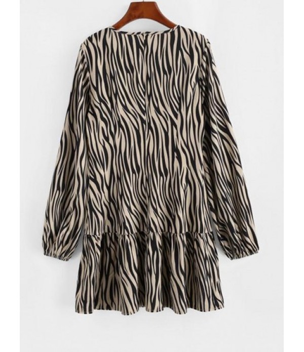 Zebra Print Ruffled Hem Long Sleeve Smock Dress Zebra Print Ruffled Hem Long Sleeve Smock Dress