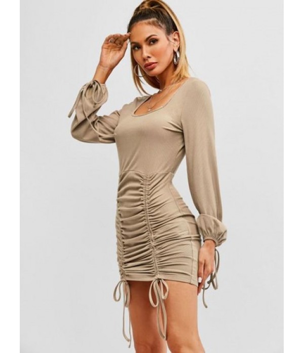 Ribbed Cinched Tie Ruched Bodycon Mini Dress Ribbed Cinched Tie Ruched Bodycon Mini Dress