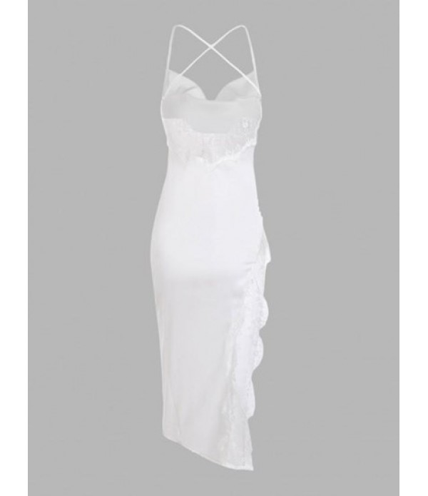 Lace Insert Cowl Front  Criss Cross Asymmetric Dress