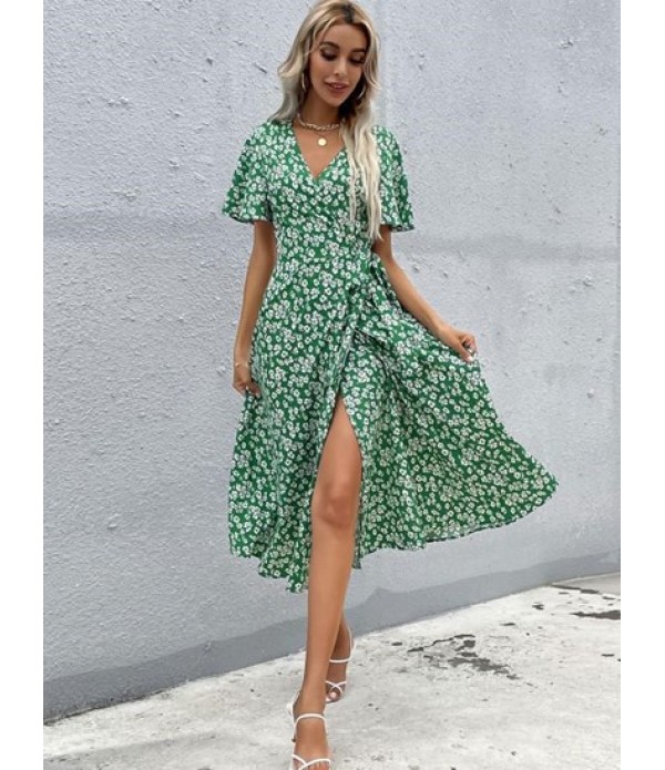Flowing Tiny Floral Wrap Midi Dress Flowing Tiny Floral Wrap Midi Dress