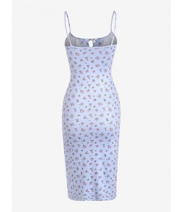 Front Slit Cami Tie Collar Ditsy Floral Dress Front Slit Cami Tie Collar Ditsy Floral Dress