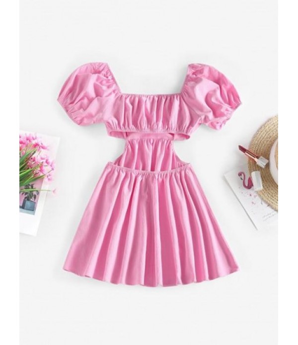 Puff Sleeve Ruched Cutout Skater Dress Puff Sleeve Ruched Cutout Skater Dress