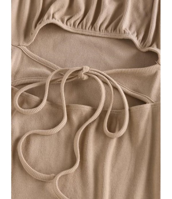 Ribbed Cutout Puff Sleeve Ruched Dress Ribbed Cutout Puff Sleeve Ruched Dress