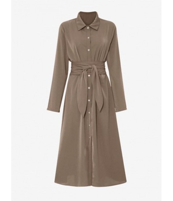 Tie Waist Long Sleeve Midi Shirt Dress Tie Waist Long Sleeve Midi Shirt Dress
