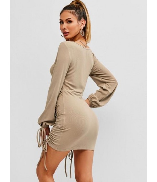 Ribbed Cinched Tie Ruched Bodycon Mini Dress Ribbed Cinched Tie Ruched Bodycon Mini Dress