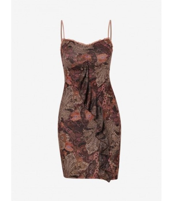 Printed Ruffles Ruched Cami Slinky Dress Printed Ruffles Ruched Cami Slinky Dress