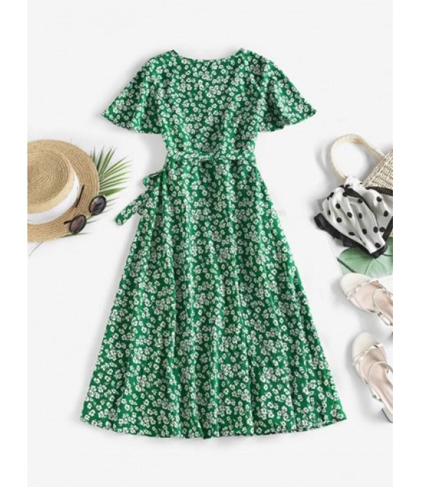 Flowing Tiny Floral Wrap Midi Dress Flowing Tiny Floral Wrap Midi Dress
