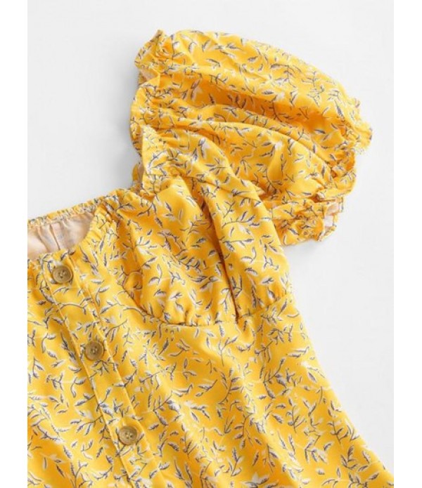 Leaf Print Frilled Button Down Milkmaid Dress Leaf Print Frilled Button Down Milkmaid Dress