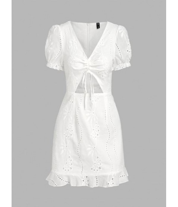 Broderie Anglaise Ruffle Cinched Cutout Mini Dress Broderie Anglaise Ruffle Cinched Cutout Mini Dress