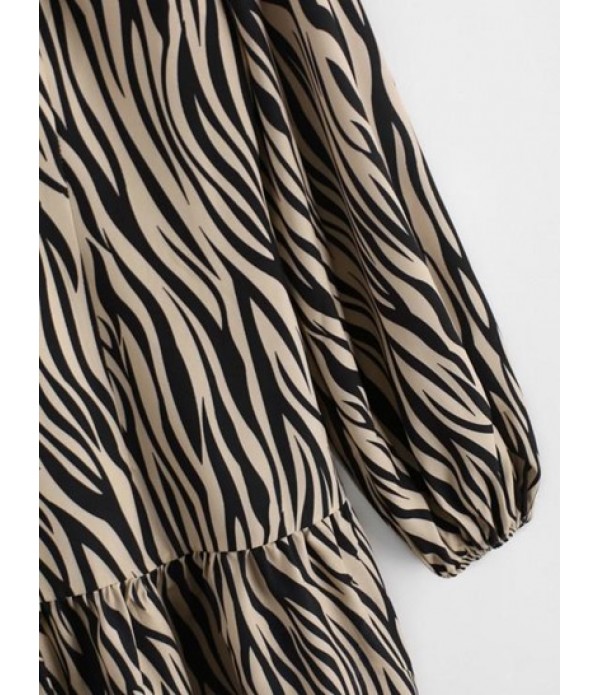 Zebra Print Ruffled Hem Long Sleeve Smock Dress Zebra Print Ruffled Hem Long Sleeve Smock Dress