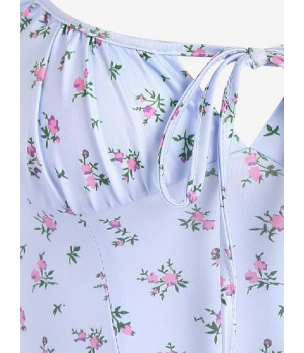 Front Slit Cami Tie Collar Ditsy Floral Dress Front Slit Cami Tie Collar Ditsy Floral Dress