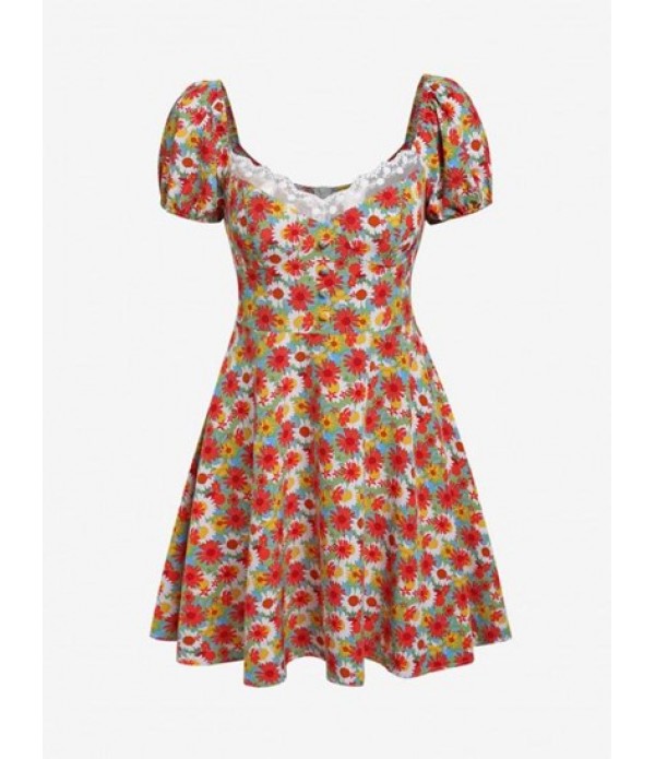 Puff Sleeve Floral Print A Line Dress Puff Sleeve Floral Print A Line Dress